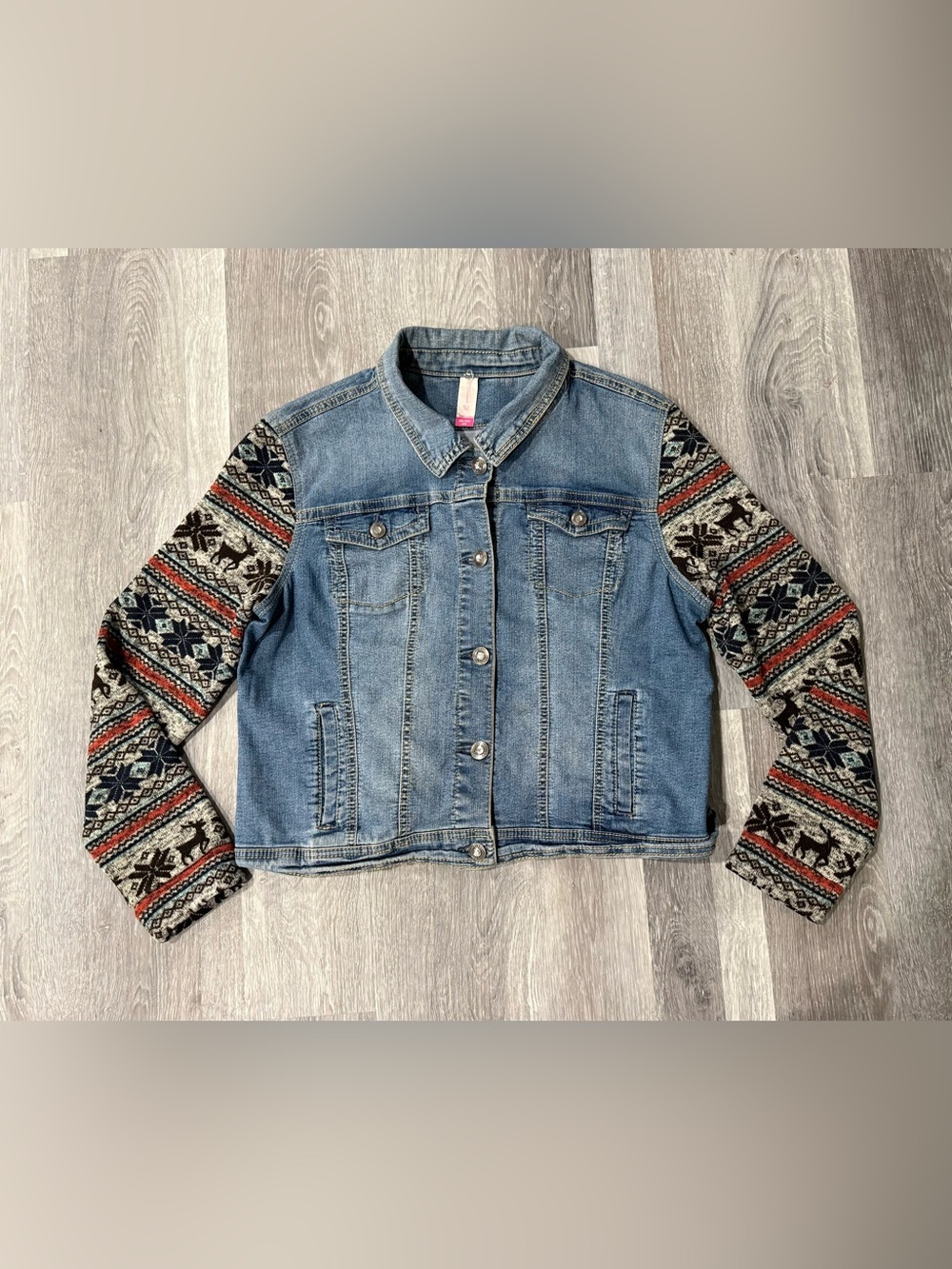 Women's NoBo Split Denim Jacket with Fair Isle patterned Fleece Knit Sleeves XXL